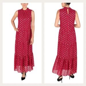 Donna Ricco Foil Dot Sleeveless Tiered Maxi Dress Size 4 Berry Pink/Gold Chiffon